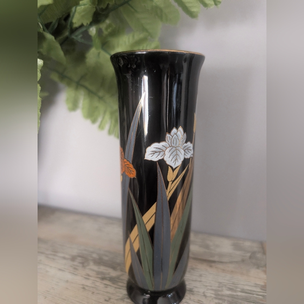 Otagiri Black Vase with Floral Design